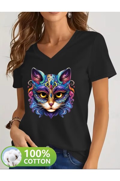yombaa Women's Casual V-Neck T-Shirt |   Colorful Cat Printed