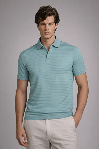 COMBİNE MİCHAİL Men's Striped Comfortable Mint Polo Collar T-Shirt