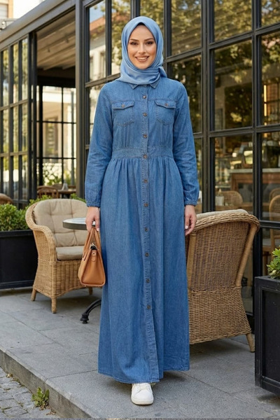Hb Harma Time Butik Women's Buttoned Long Light Denim Blue Hijab Dress