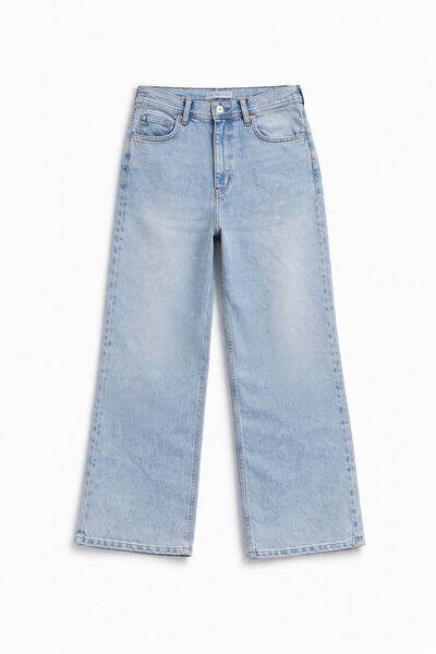 Bluewhite Women's High Waist Wide Leg 100% Cotton Light Blue Jean Trousers