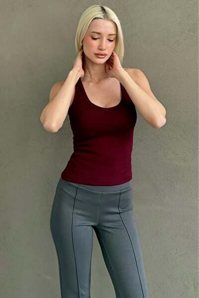 Madmext Burgundy Basic Body-Fitting Sleeveless Women's Tank Top Mg2639