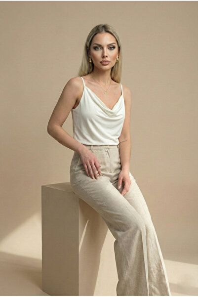 peralist Women's Ecru Adjustable Strap Collar Drapey Sandy Fabric Blouse