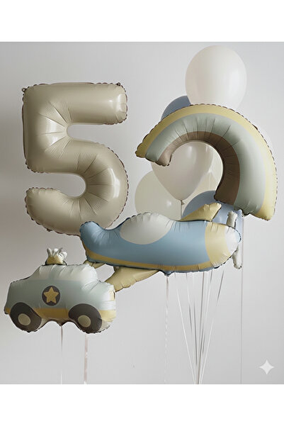 Çemrek Süs Parti Retro Boy's Birthday Concept Retro Car Rainbow Airplane Beig...