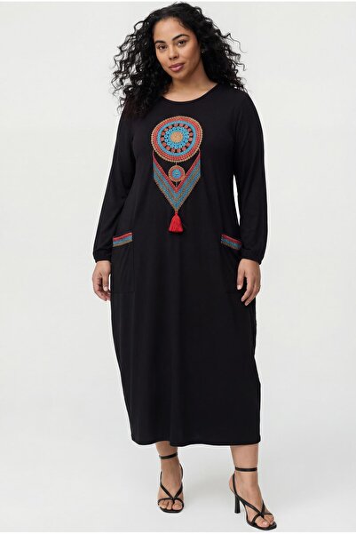Ebsumu Women's Large Size Embroidered P Tasseled Long Sleeve Black Dress