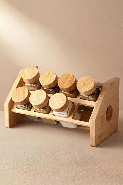 GÖNÜL Bambu Kapaklı 9 Parça Cam Baharat Takımı, Bambu Standlı Baharatlık Seti