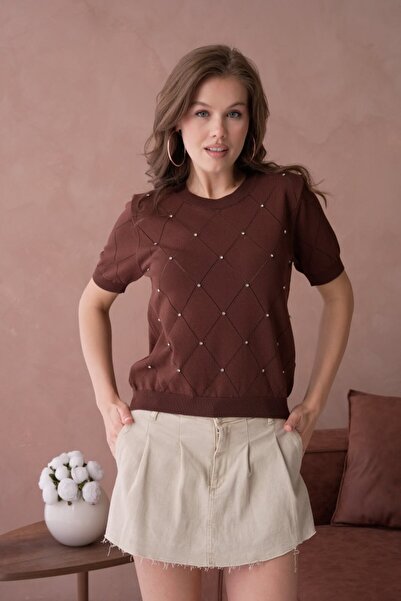 Noi Belis Stone Detailed Crew Neck Short Sleeve Knitwear Blouse Ss26Bz0032