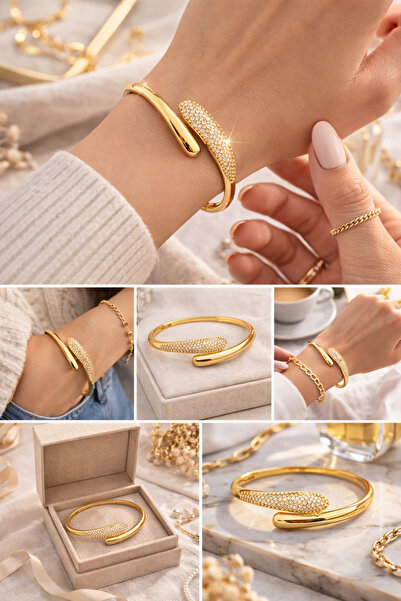 Belasso Minimal Zirkon Taş Detaylı Açık Uçlu Kelepçe Bileklik – Altın Renk Ka...