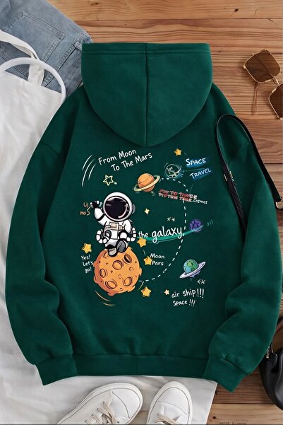 MARKATEM Kapsonlu Kangoru Pocket 3Iplik Cotton Planets Print Sweatshirt