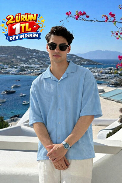 DAMGA JEANS Men's Summer Short-Sleeved Blue Linen Shirt