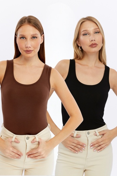LAENT Women's Black - Brown 2-Piece Thick Strap Basic Athlete's Undershirt