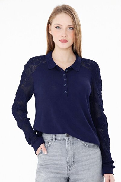 Irmak Kerekli Women's Soft-Textured Gül Patterned Lace Knitted Polo Neck Knit...