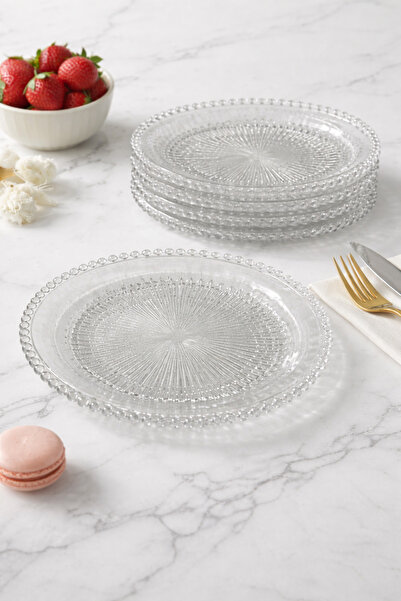 Evila 6’lı Cam Pasta Tabağı Seti 18 cm – Boncuk Kenarlı Sunum ve Tatlı Tabağı