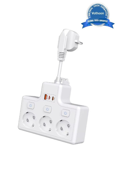 Vothoon Termal Akım Korumalı 3'lü Duvar Tipi Priz 1x USB 2x Type-C Çıkışlı Gr...