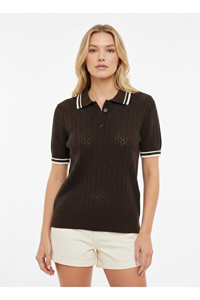 Noi Belis Polo Collar Half Placket Buttoned Perforated Knitwear Blouse Ss26Bz...