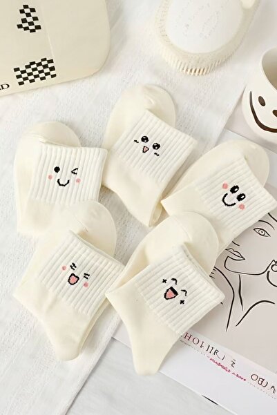 Hitit Socks Kadın 5 Çift Premium Desenli Emojili ve Gülen Suratlı Uzun Konç S...