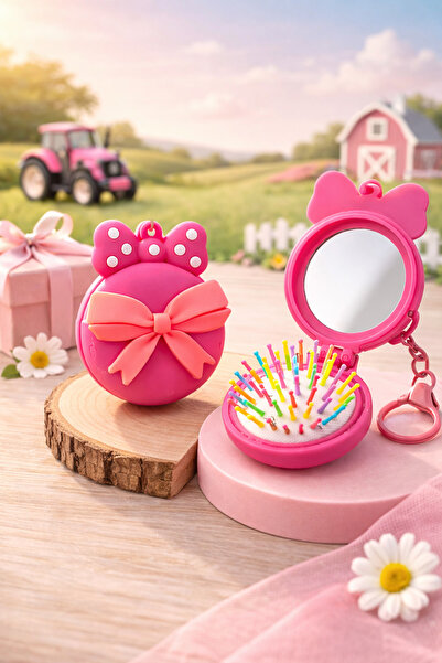 PULİNİN DÜKKANI Kız Çocuk Fiyonklu Aynalı Mini Saç Fırçası Anahtarlık | Katla...