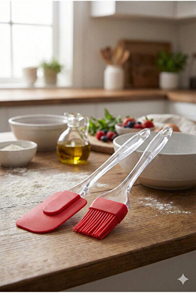 Selenica 24 cm Silikon Spatula ve Pasta Fırçası Seti - Şeffaf Saplı Kek Hamur...