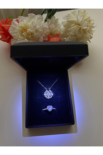 HKN AVM ACCESSORİES Gümüş Renk Açılıp Kapanan Yonca Kolye Kalp Yüzük ışıklı k...