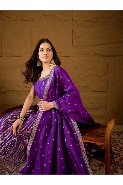 ZERE Purple Silk Blend Solid Woven Design Anarkali Kurta Trousers With Dupatta