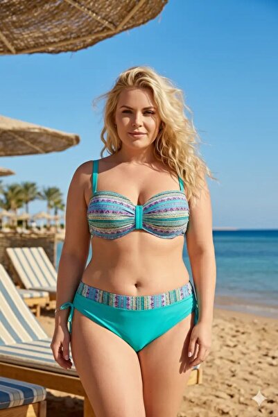 Yasmy Collection Kadın Yeşil Etnik Desenli Astarlı Büyük Beden Bikini Takımı ...