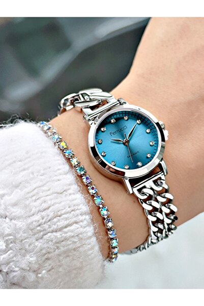 Ferrucci Blue Dial Stone Numbers Silver Chain Strap Women's Metal Wristwatch