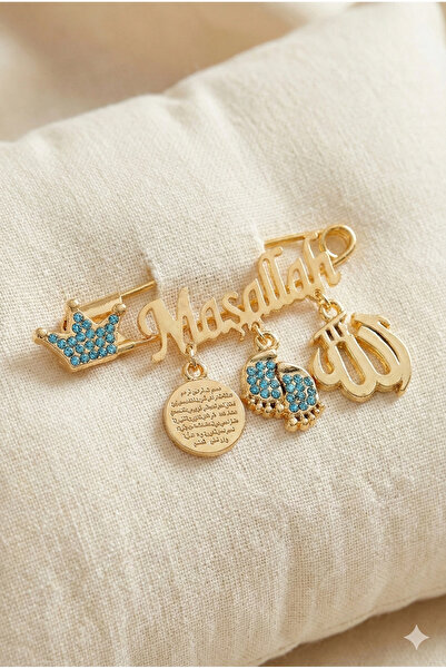 VaVbaby Maşallah Yazılı Bebek Yaka İğnesi 3’lü Sallantılı Charm Detaylı Mavi