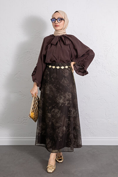 Salih Çelebi Baskılı Şifon Etek 261128 - KAHVERENGİ