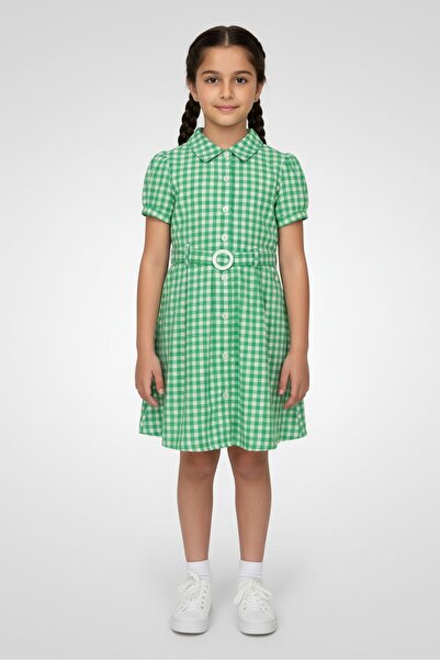Draper James فستان بناتي قصير الأكمام نقشة مربعات مع نظارة شمسية، أخضر