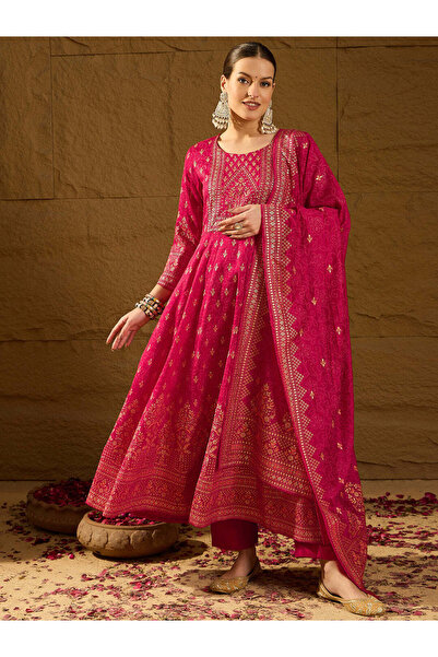 ZERE Red Silk Blend Ethnic Motifs Anarkali 3-Piece Kurta Set