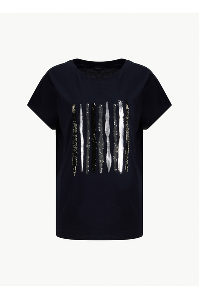 Fabrika Bisiklet Yaka Payetli Siyah Kadın T-Shirt F6SL-TST0350