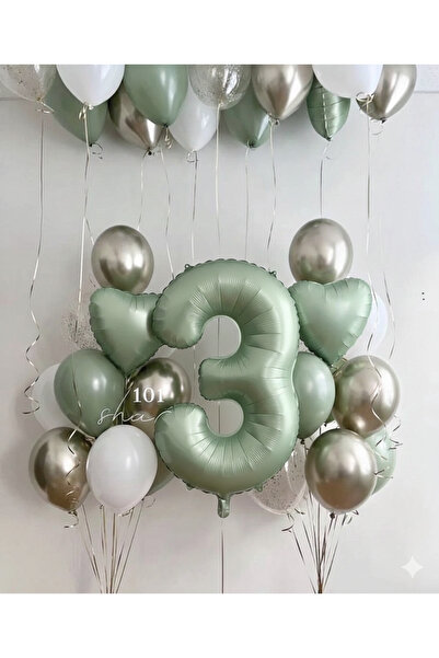 Çemrek Süs Parti Küf yeşili Rakam yaş folyo balon ve balon demeti 23 parça