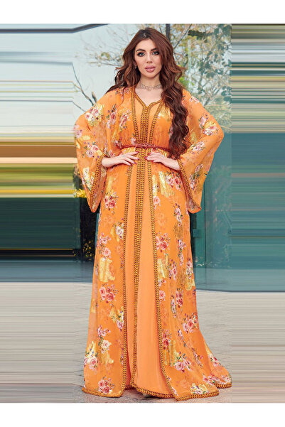 FridayIn Elegant style V-neck Color contrast Printing Embroidery Buttons Pos-...