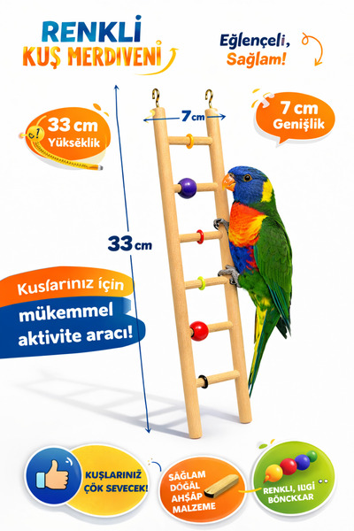 Papağanhane 6 Basamaklı Ahşap Kuş Merdiveni – Renkli Boncuklu Papağan Oyun ve...