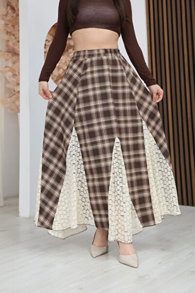 BLUSS Women's Brown Plaid Patterned Lace Detailed Bohemian Maxi Skirt - Bell ...