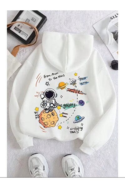 MARKATEM Kapsonlu Kangoru Pocket 3Iplik Cotton Planets Print Sweatshirt