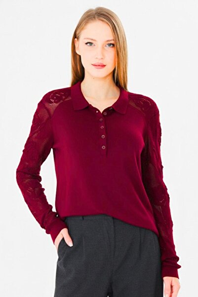 Irmak Kerekli Women's Soft-Textured Rose Patterned Lace Knitted Polo Neck Kni...