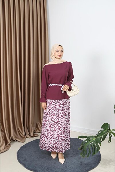 HNT Hayrunnisa Tesettür Leopar Desenli Piliseli Etekli Kuşak Detaylı İkili Ta...