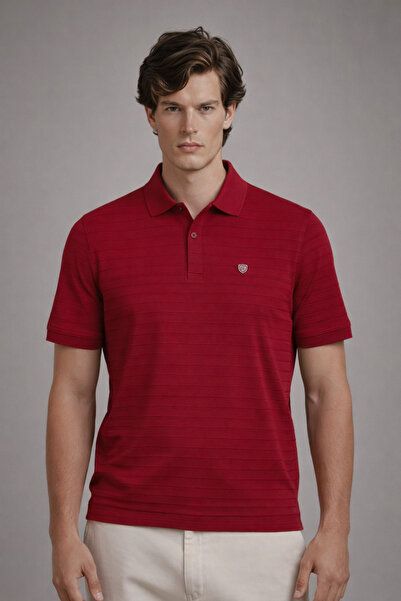 COMBİNE MİCHAİL Men's Striped Comfortable Red Polo Collar T-Shirt