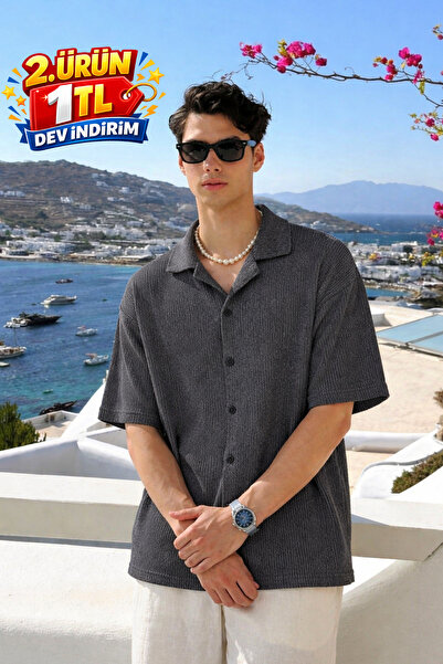 DAMGA JEANS Men's Summer Short Sleeve Black Linen Shirt