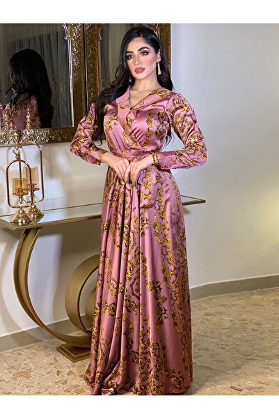 FridayIn Charming banquet style V-neck Printing Belt Shirt sleeve Long Dresses