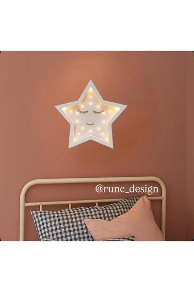 Runc Design Uyuyan Yıldız Figürlü Ahşap Kız Çocuk Odası Duvar Lambası - Ledli...