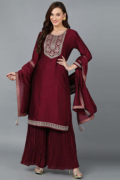ZERE Maroon Silk Blend Yoke Design Sharara Set