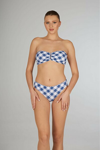 Estiva Women's Checked Blue Buckled Strapless Bikini Set