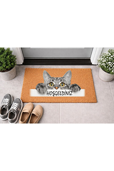 Borambalaj Natural Koko Doormat, 40X60 Cm, Cat Patterned Hair Doormat