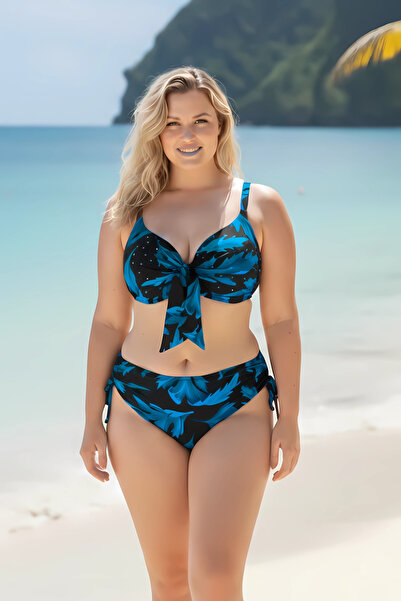 Yasmy Collection Kadın Siyah Mavi Taş İşlemeli Büyük Beden Bikini Takım HZL25...