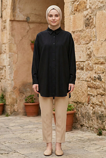 Kirazgym Women's Button-Down Casual Shirt Oversized Viscose - Black