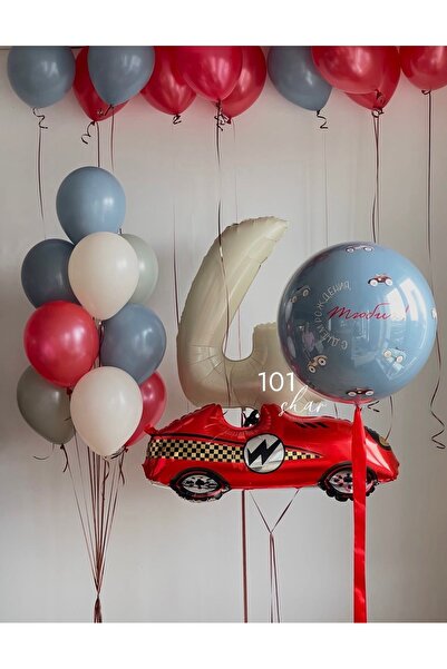 Çemrek Süs Parti Kırmızı Yarış Arabası Rakam Balon ve Jumbo Mavi Bej Kırmızı ...