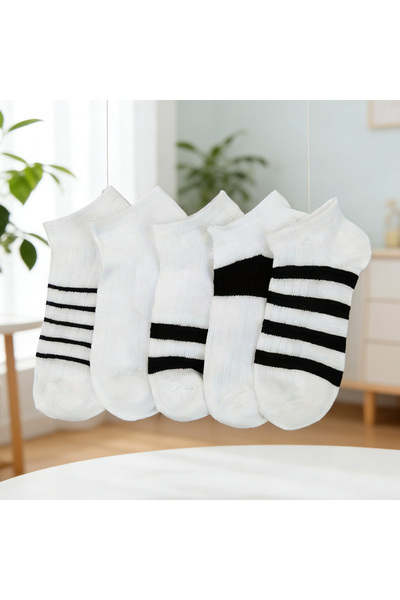çorapmanya 5 Çift Çizgili Desenli Beyaz Desenli Erkek Patik Çorap