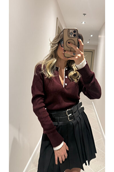 BORDO EKRU 2 RENKLİ KAZAK