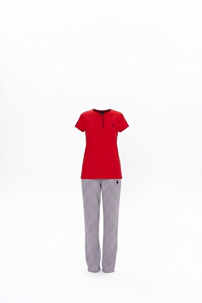 Sereia Women's 100% Cotton Shirt Collar Patched Red Long Bottom Pajama Set - ...